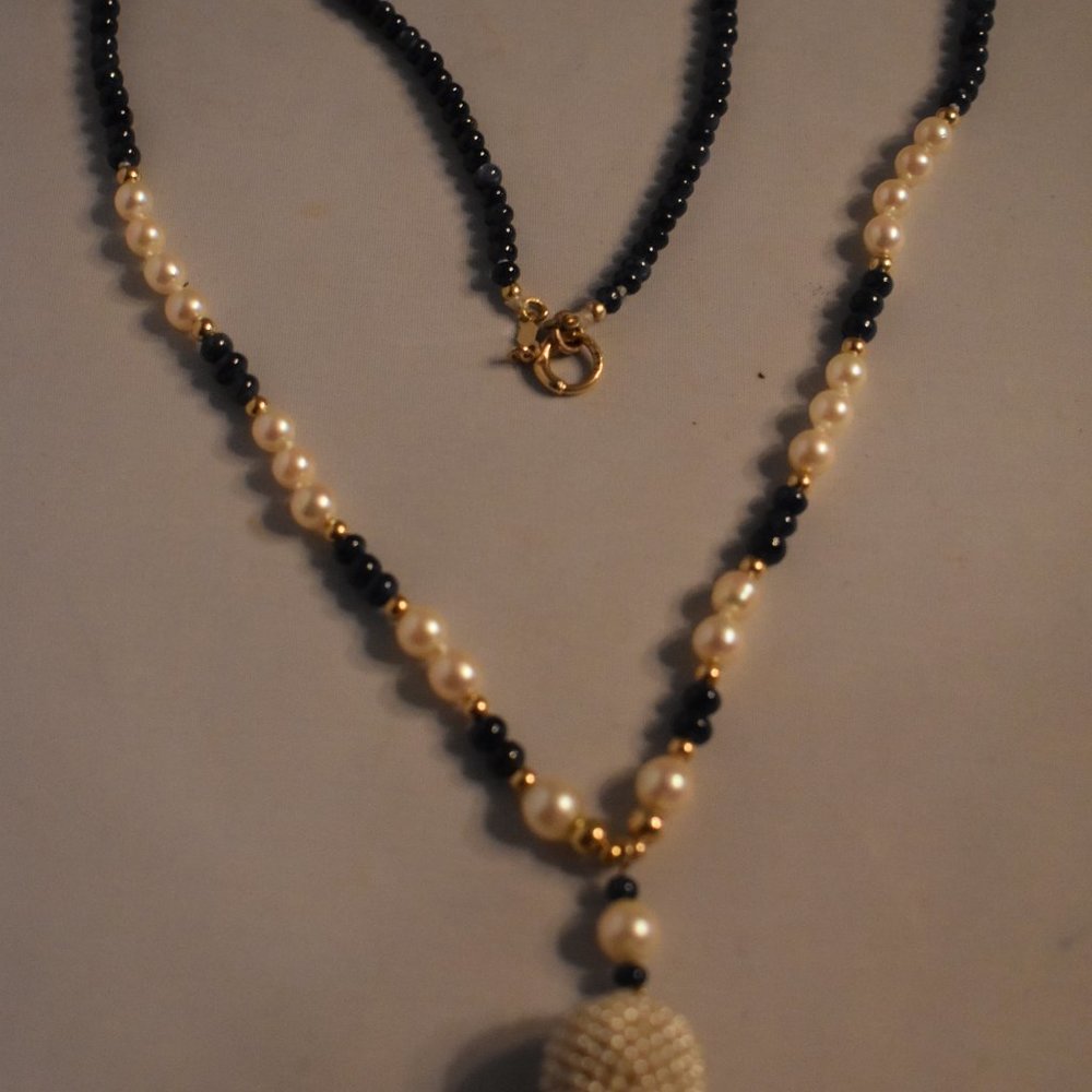 Unique Sapphire and Pearl Necklace with Pearl-Encrusted Ball Pendant